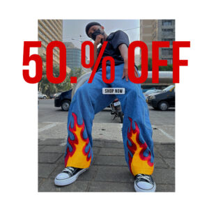 DD85E770-2424-40D9-B5F7-6AFD09B066E7 Fire printed baggy denim