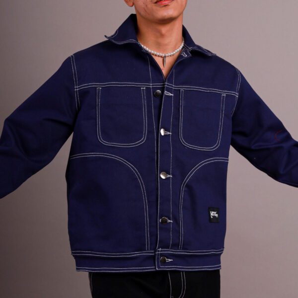 denim jacket-  Indigo Contrast-Stitch Utility Jacket - Image 2