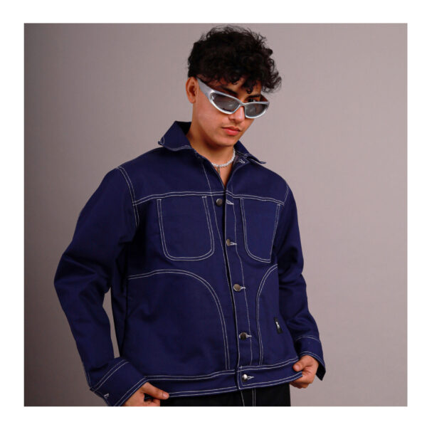 denim jacket-  Indigo Contrast-Stitch Utility Jacket - Image 3
